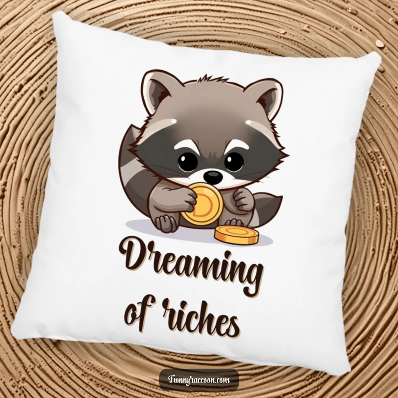 Funny raccoon pillow featuring a mischievous raccoon stealing a shiny coin, soft and humorous decorative item.