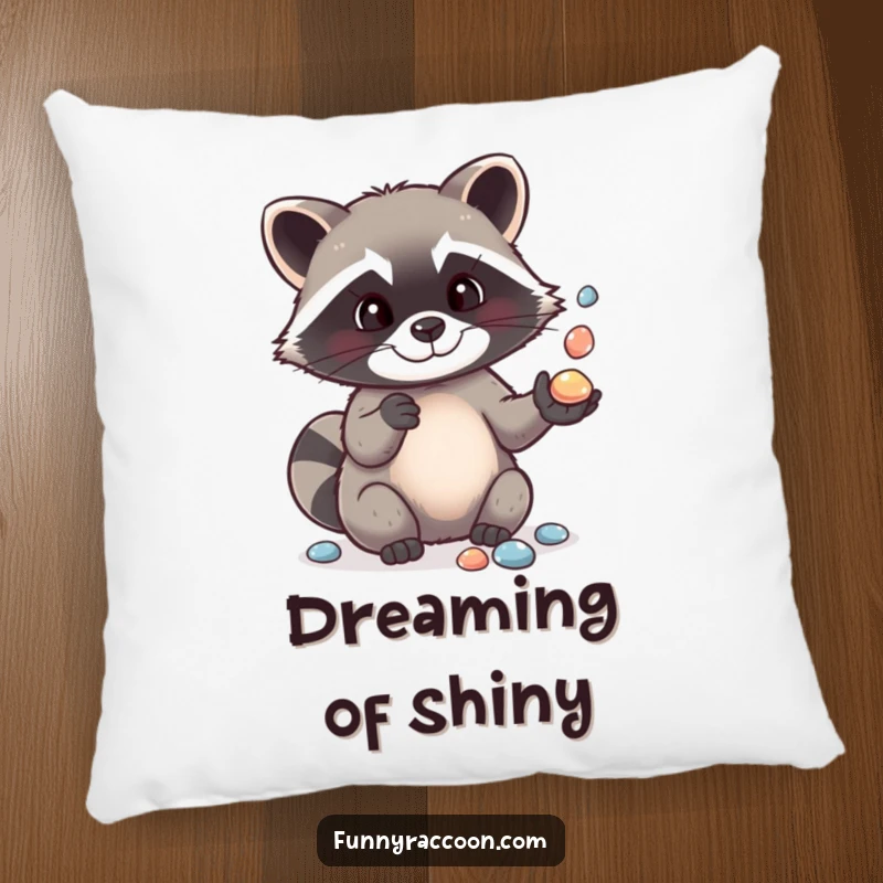 Funny pillow decorated with a cute, focused raccoon juggling a collection of shiny pebbles, adding a touch of playful decor.