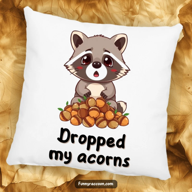 Funny raccoon pillow, soft and plush, wide-eyed surprise, dropping acorns, tiny ears perked, humorous home decor.