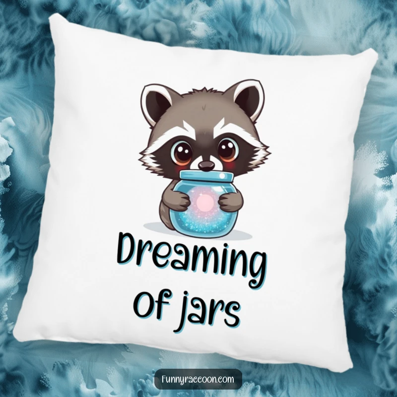 Funny raccoon pillow featuring a cute raccoon with large, curious eyes peering into a sparkling jar.