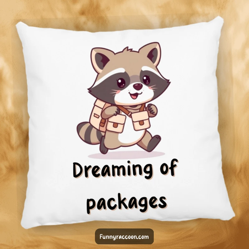 Funny kawaii raccoon pillow featuring a happy, scampering raccoon with a tiny mail carrier satchel.