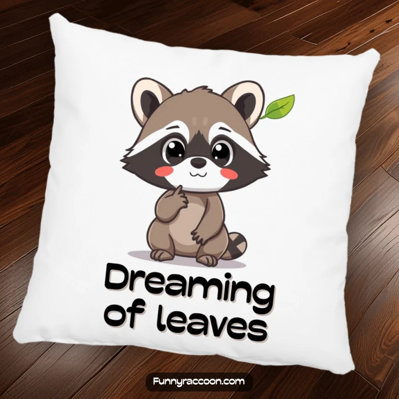 Funny Raccoon Pillow: A raccoon with wide, amazed eyes points to a floating leaf, bringing cozy wonder to any space.