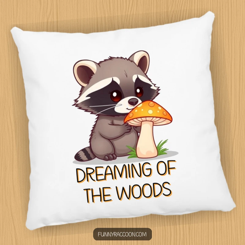 A soft pillow featuring a funny raccoon with a curious expression examining a large, brightly colored mushroom.