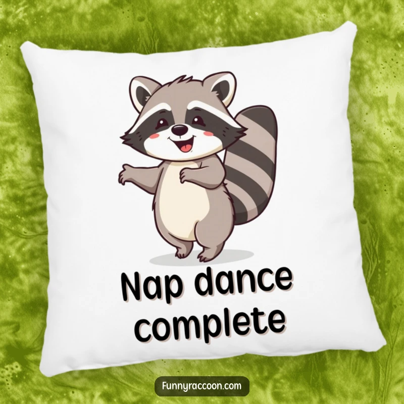 Funny raccoon pillow, soft and inviting, bushy tail curled, doing a happy dance, humorous and comforting home decor.