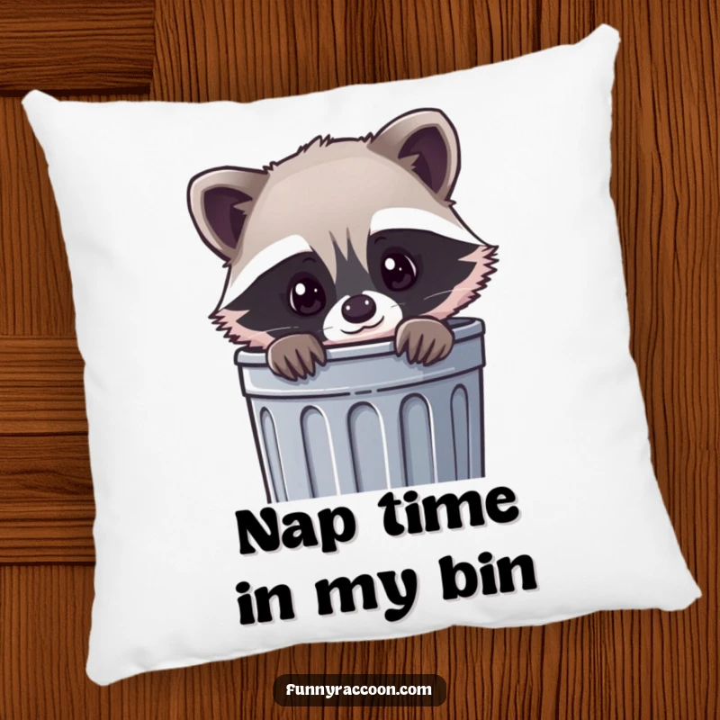 Funny kawaii raccoon pillow, a cute raccoon peeking curiously out of a trash can, perfect for humorous and cozy decor.