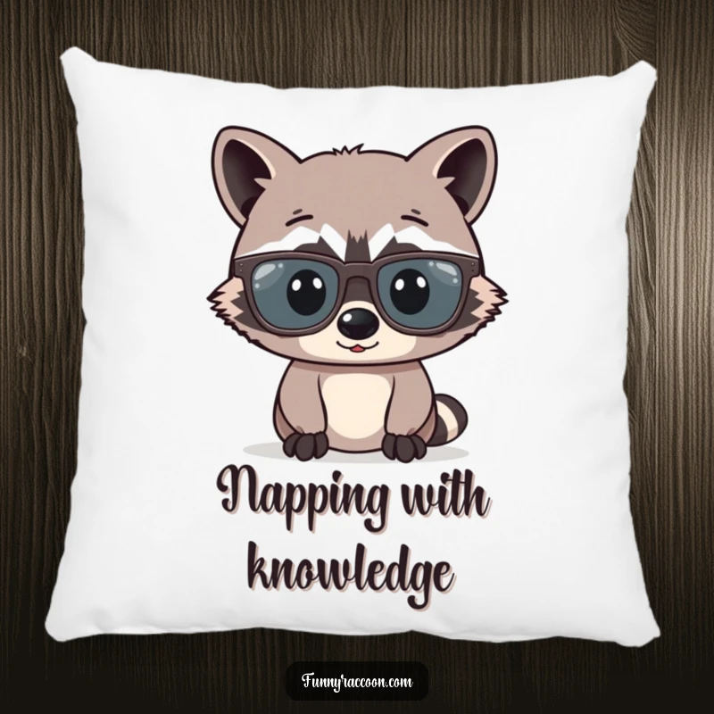 A soft pillow featuring a funny raccoon comically wearing oversized glasses that are too big for its face, looking studious and cute.