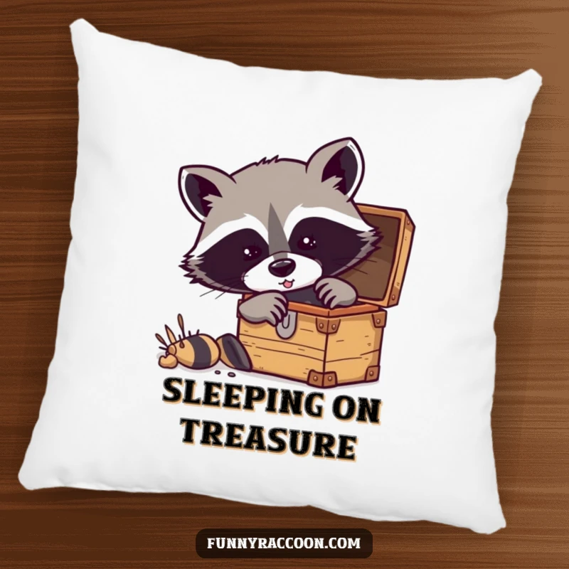 Funny raccoon pillow featuring a masked raccoon digging excitedly into a treasure chest.