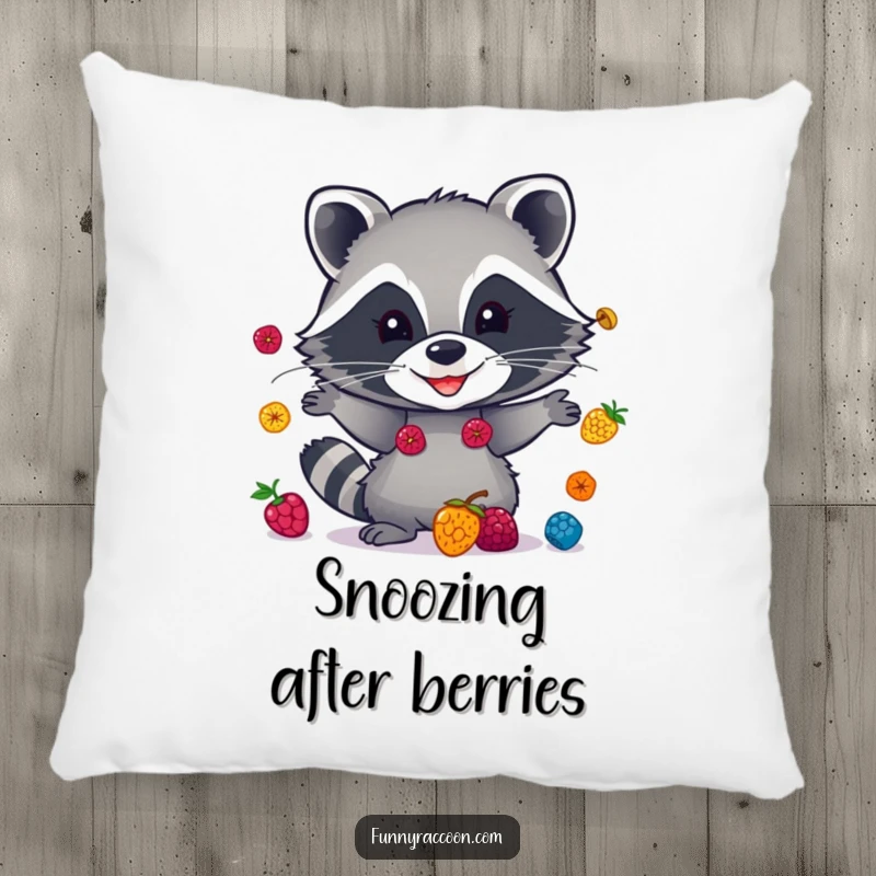 Funny raccoon pillow, soft and inviting, juggling colorful berries with a cheeky grin, decorative and humorous home accent.