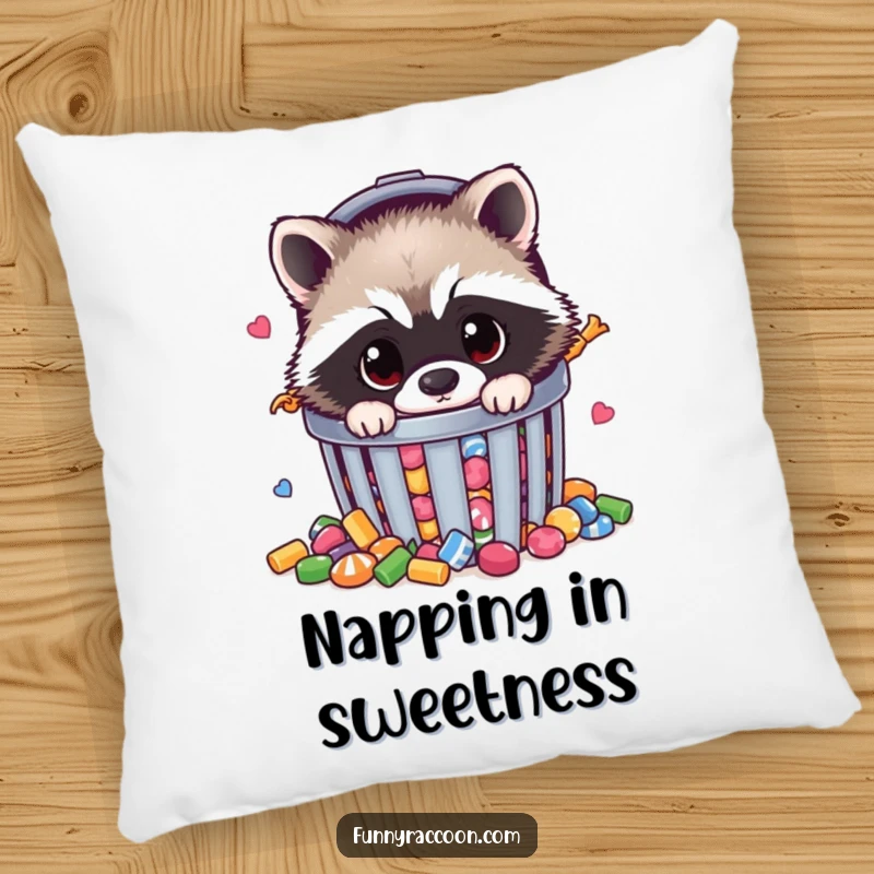 Funny raccoon pillow featuring a fluffy raccoon peeking from a candy-filled trash can, soft and humorous decorative item.