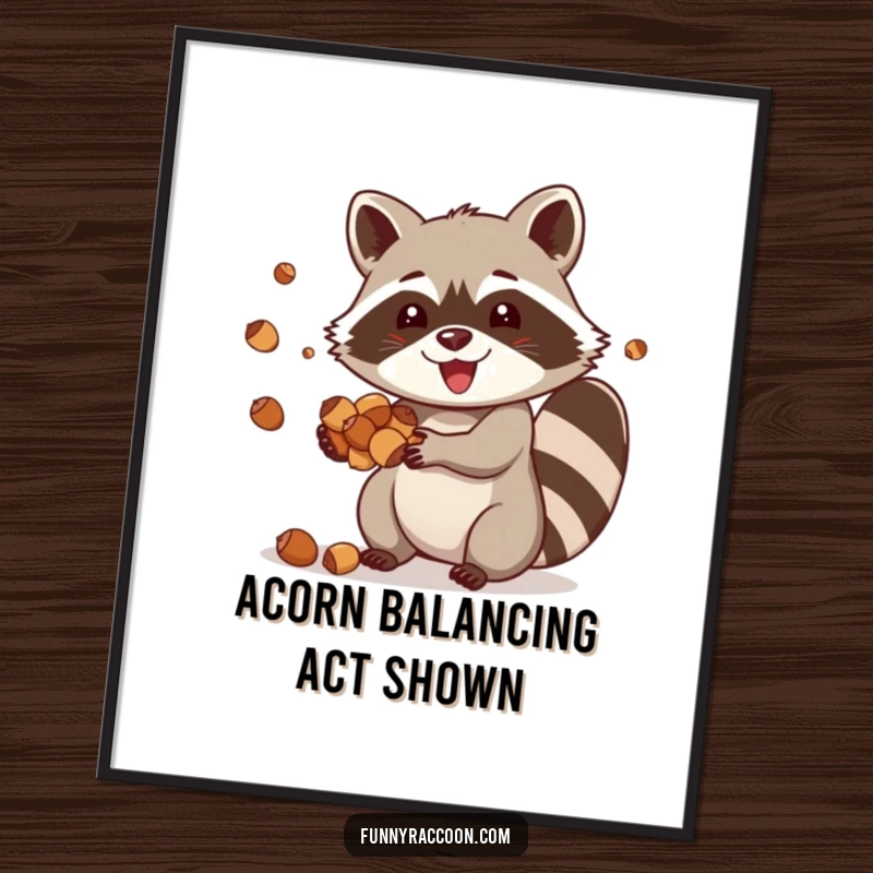 Funny raccoon digital art, a happy raccoon joyfully juggling acorns, showcasing impressive skill and playful energy.