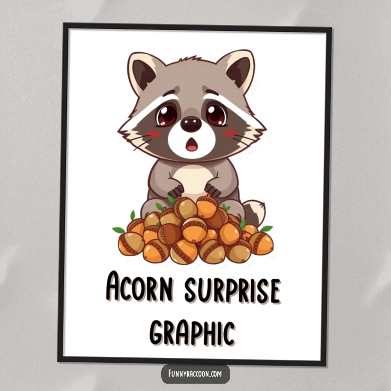 Funny raccoon digital art print, wide-eyed surprise, dropping acorns, tiny ears perked, instant humorous wall decor for any room.