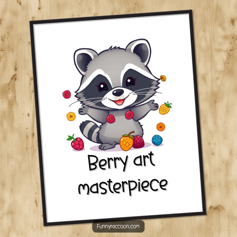 Funny raccoon digital art print, a grinning masked creature juggling colorful berries, instant humorous wall decor for any room.