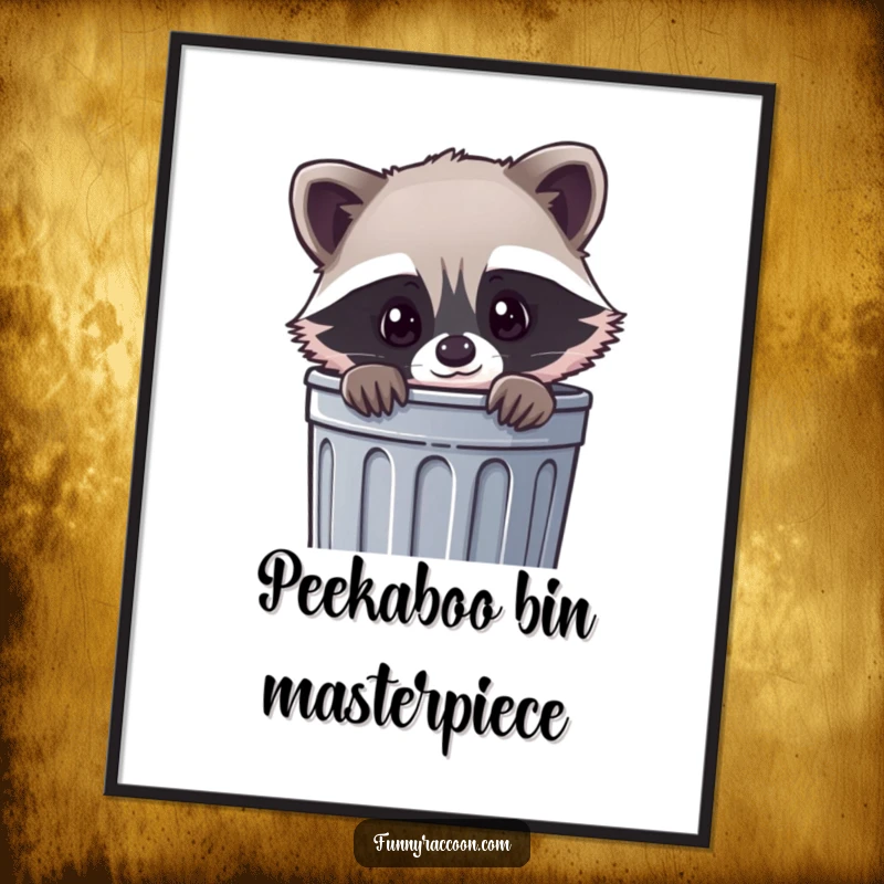 Funny kawaii raccoon digital art, a cute raccoon peeking curiously out of a trash can, bringing adorable mischief and charm.
