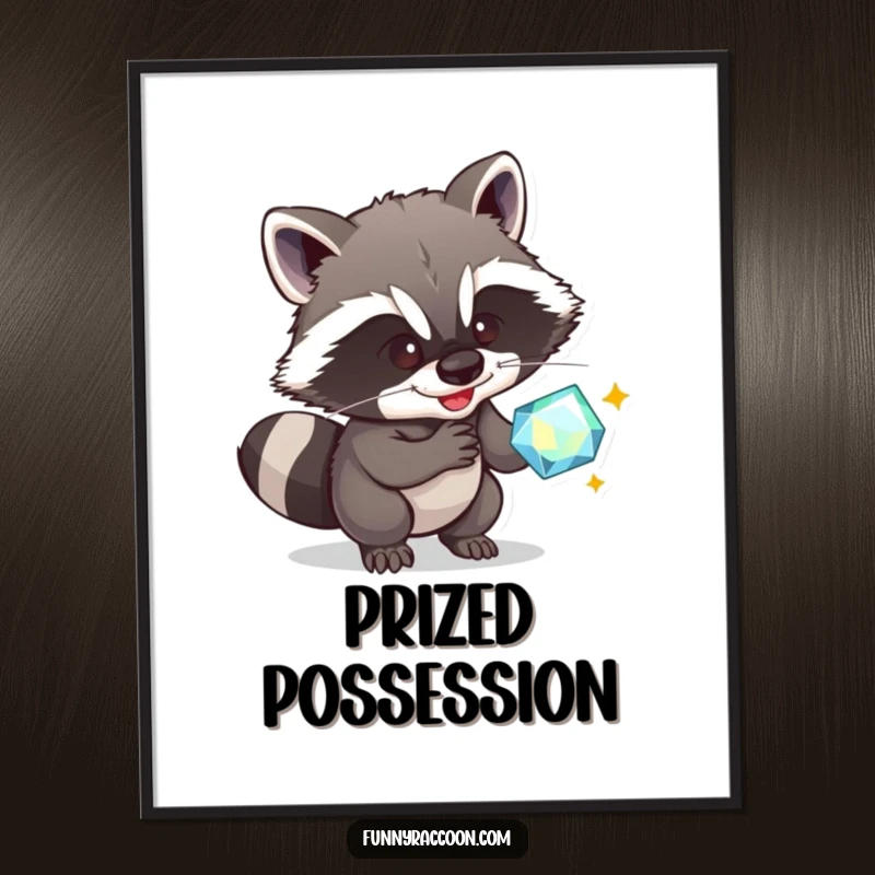 Funny Raccoon Digital Art: A mischievous raccoon grins, attempting to steal a sparkly gem, a humorous piece of art.