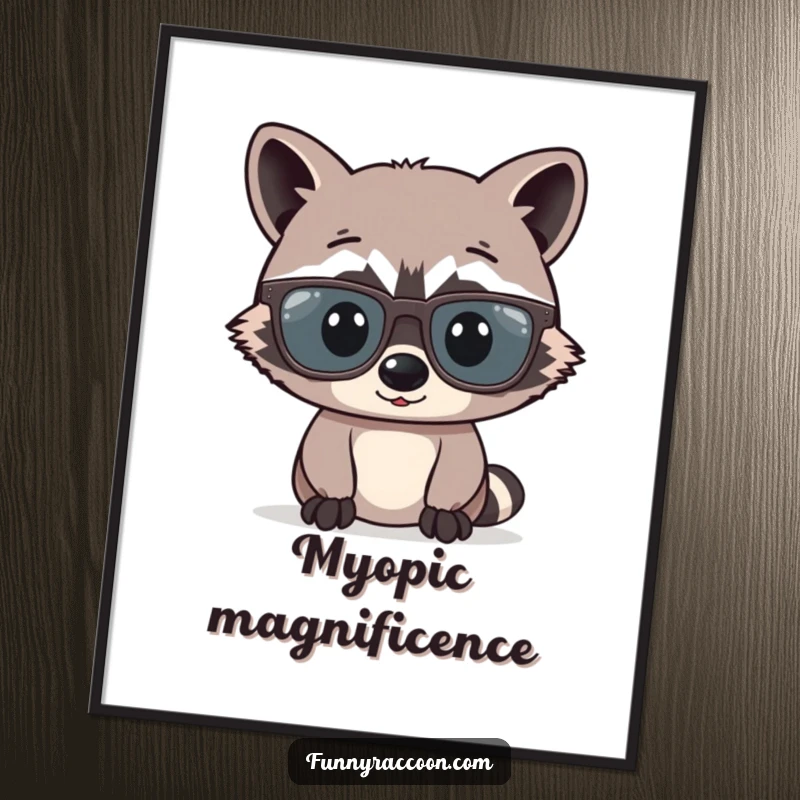 Funny raccoon comically wearing oversized glasses, looking studious and amusing, perfect for digital art prints and witty decor.