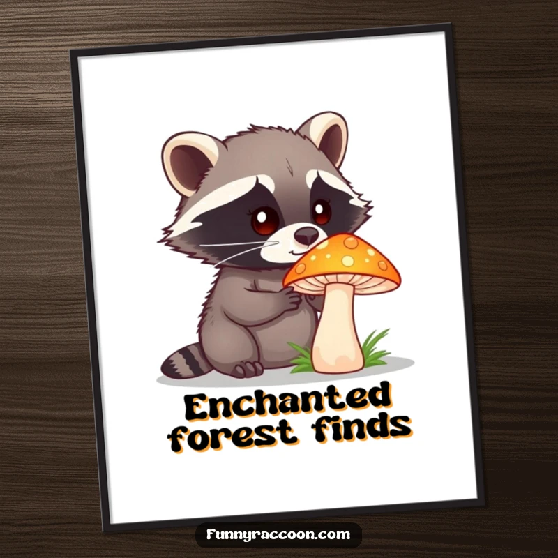 Funny raccoon with a curious expression examining a large, vibrantly colored mushroom, perfect for digital art prints and nature decor.