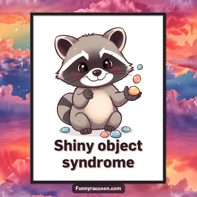 Funny digital art print of an adorable raccoon skillfully juggling shiny pebbles, capturing a moment of playful dexterity and humor.