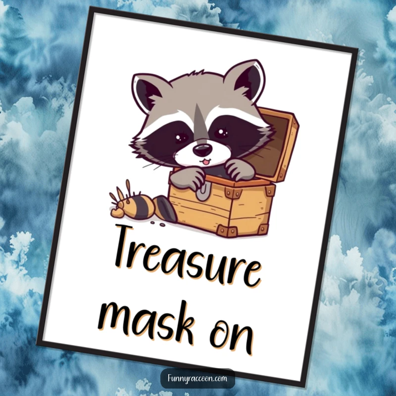 Funny raccoon digital art print of a masked raccoon digging into a treasure chest. Instant download.