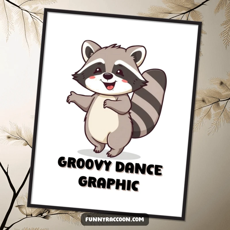 Funny raccoon digital art print, bushy tail curled, performing a happy dance, instant joyful wall decor for any room.