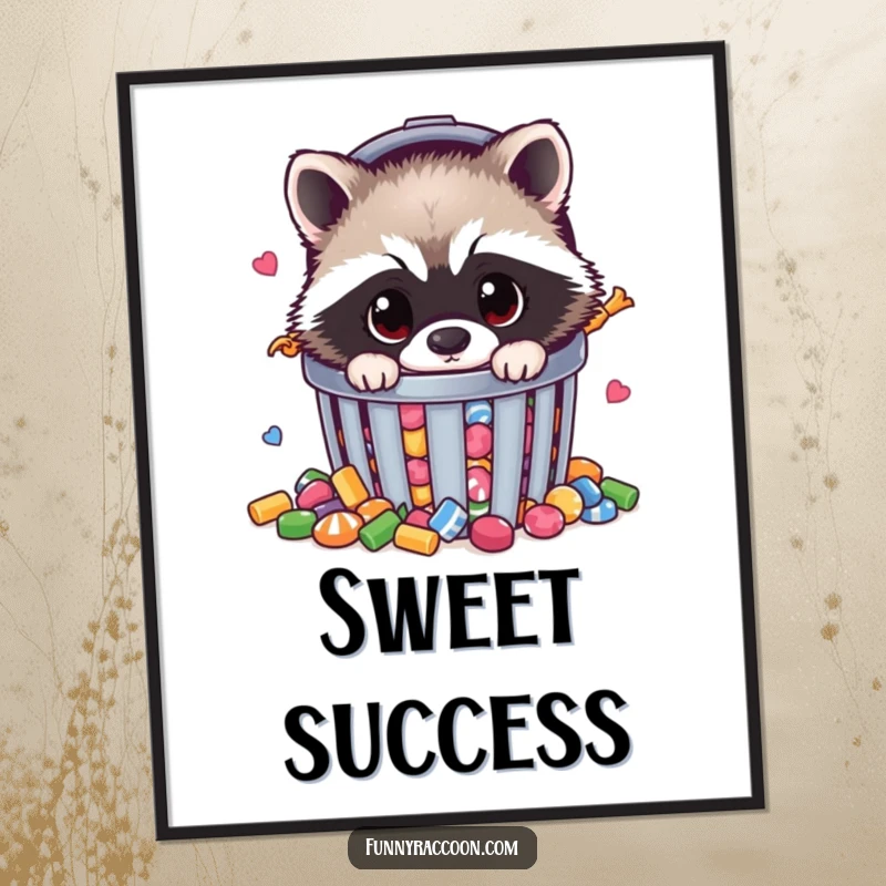 Funny raccoon digital art print of a fluffy raccoon peeking from a candy-filled trash can, instant download decor.