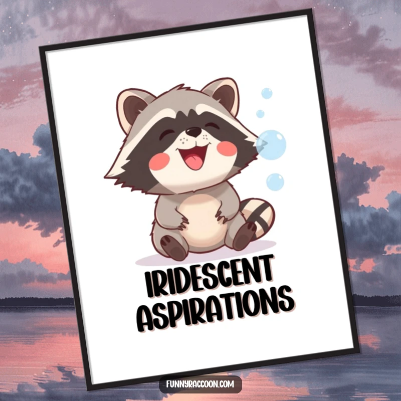 Funny raccoon with a big, playful grin joyfully trying to catch iridescent bubbles, perfect for digital art prints and humorous decor.