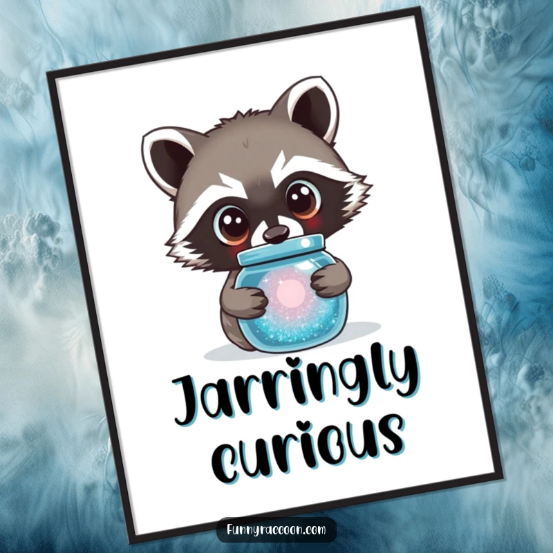 Funny raccoon digital art print of a cute raccoon with curious eyes peering into a sparkling jar. Instant download.