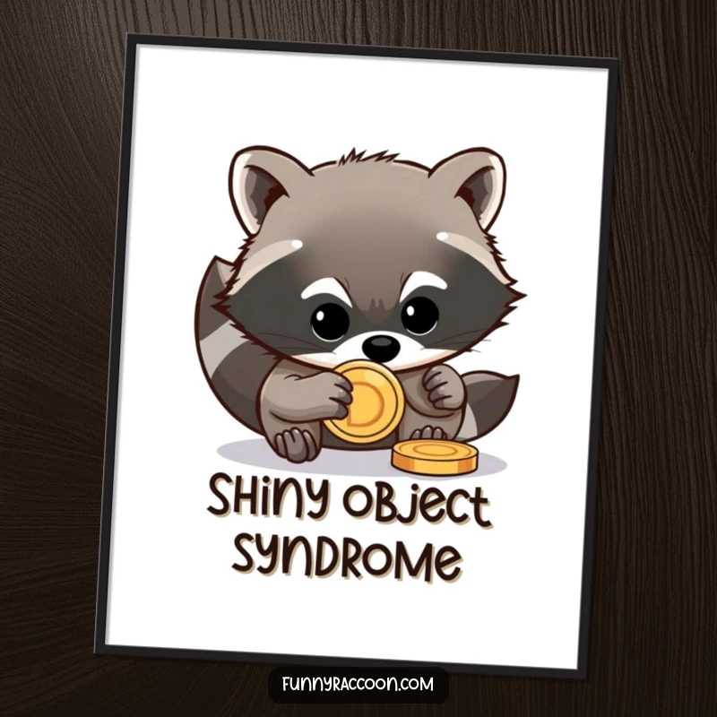 Funny raccoon digital art print of a mischievous raccoon stealing a shiny coin, instant download decor.