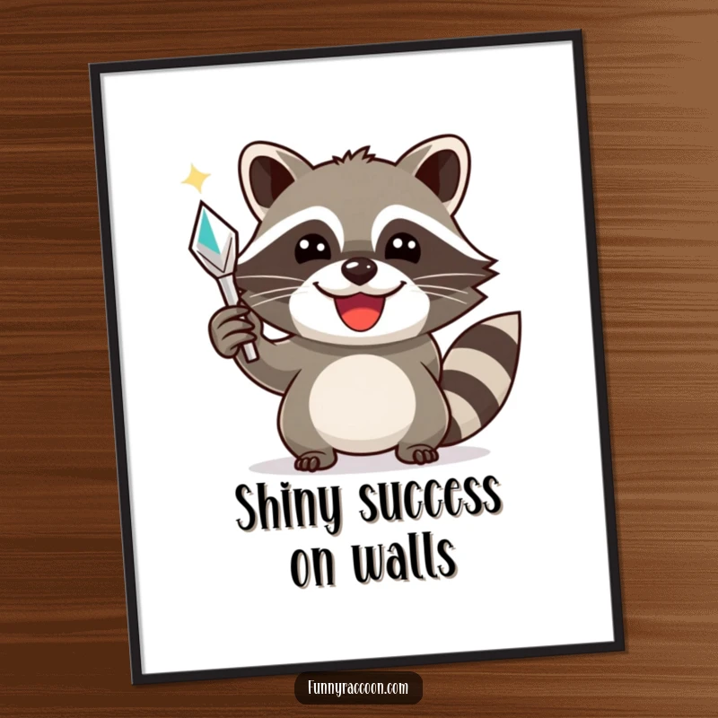Funny raccoon digital art, a wide-smiling raccoon triumphantly holding a shiny object, symbolizing success and playful joy.