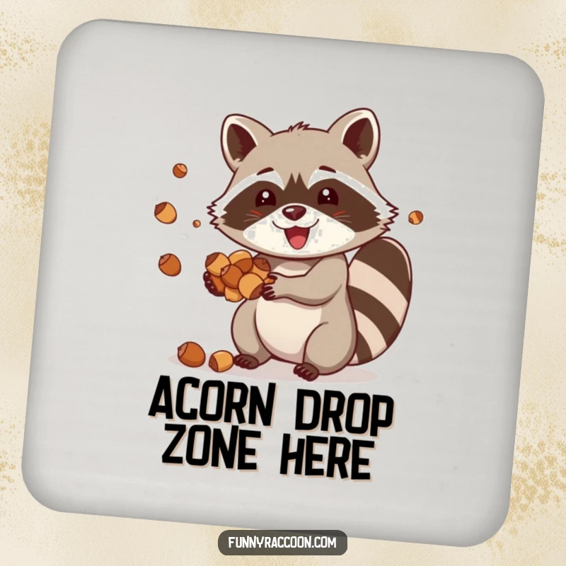 Funny raccoon coaster, a happy raccoon joyfully juggling acorns, adding playful charm and skill to tables.