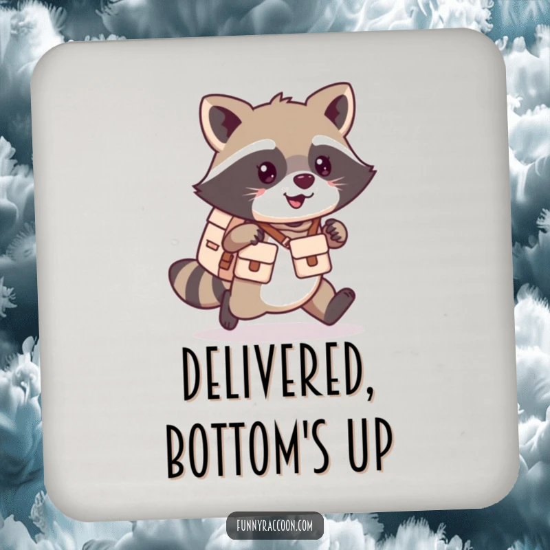 Funny kawaii raccoon coasters featuring a happy raccoon mail carrier, perfect for protecting your drinks.