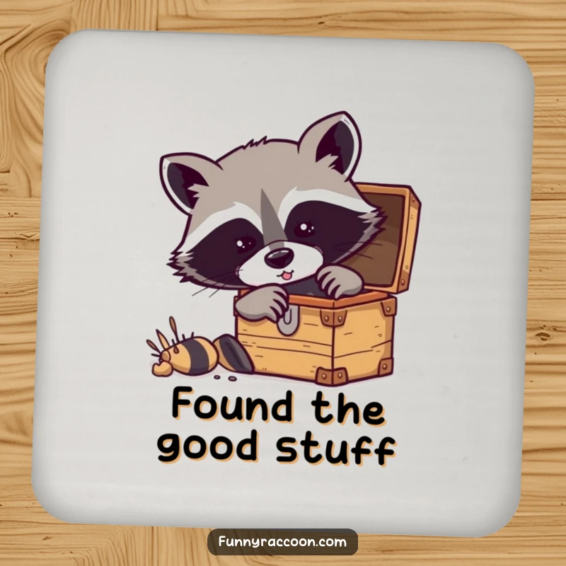 Funny raccoon coasters featuring a masked raccoon digging for treasure, perfect for your drinks.