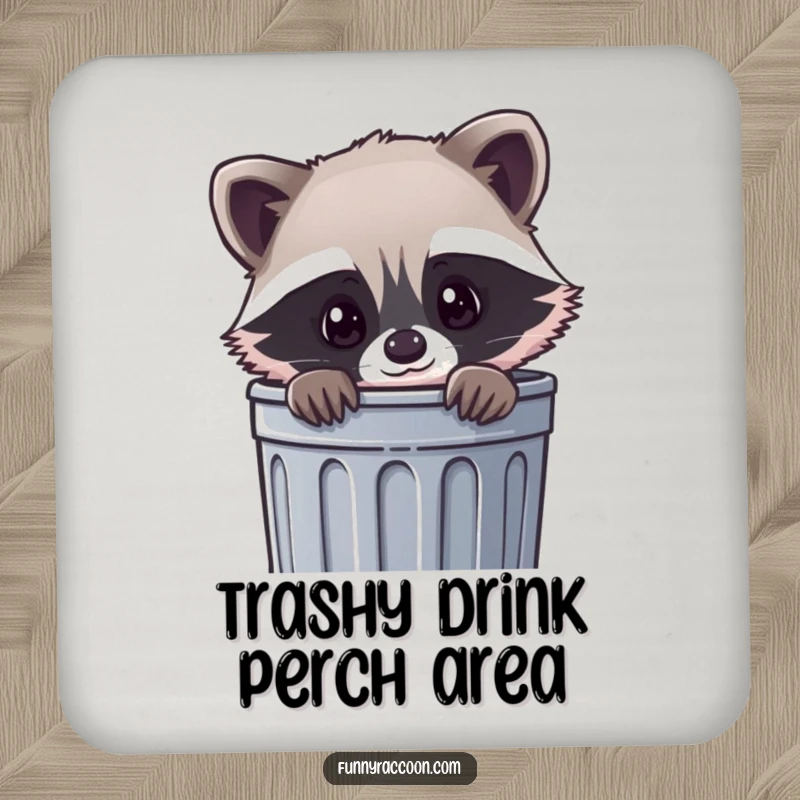 Funny kawaii raccoon coaster, a cute raccoon peeking curiously out of a trash can, adding adorable charm to tables.