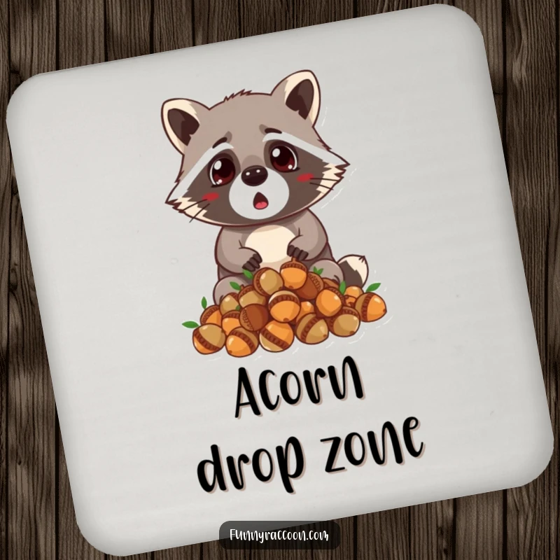 Funny raccoon coaster, wide-eyed surprise, dropping acorns, tiny ears alert, protects surfaces with humor, amusing accessory.