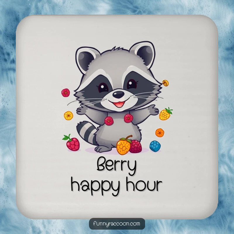 Funny raccoon coaster, a masked bandit juggling bright berries, protects surfaces with humor, compact and amusing accessory.