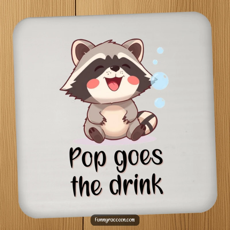 Funny raccoon with a wide, playful grin is shown on coasters, attempting to catch floating bubbles, protecting surfaces.