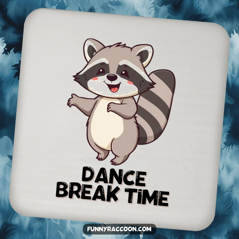 Funny raccoon coaster, bushy tail curled, doing a happy dance, protects surfaces with humor, amusing accessory.