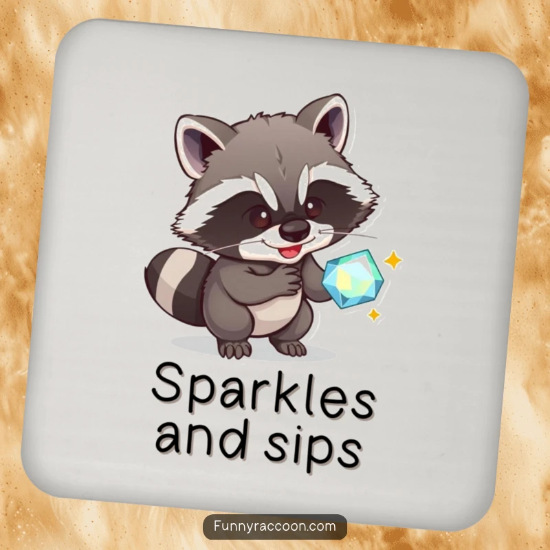 Funny Raccoon Coaster: A sly raccoon grins, attempting to steal a sparkly gem, protecting surfaces with humor.