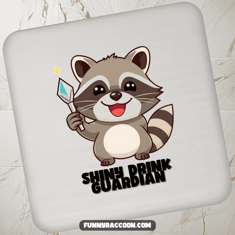 Funny raccoon coaster, a happy raccoon triumphantly holding a shiny object, adding celebratory charm to tables.