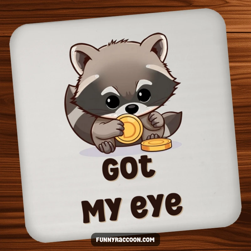 Funny raccoon coasters depicting a mischievous raccoon stealing a shiny coin, protecting surfaces with art.
