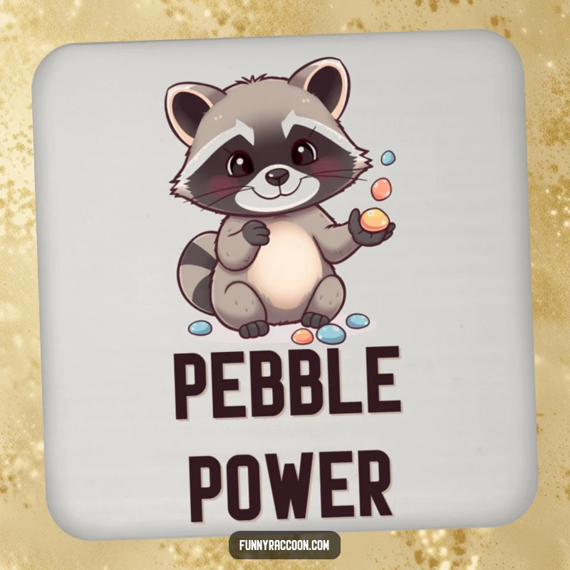 Funny drink coaster featuring a cute raccoon expertly juggling shiny pebbles, offering both protection and a humorous artistic touch.