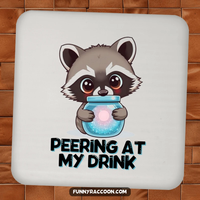 Funny raccoon coasters featuring a cute raccoon with curious eyes peering into a sparkling jar.