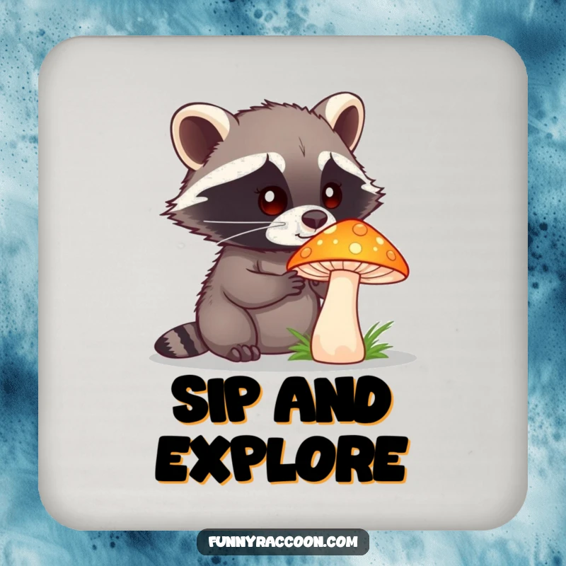 Funny raccoon with a curious expression is shown on coasters, examining a brightly colored mushroom, protecting surfaces.