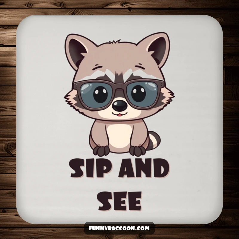 Funny raccoon comically wearing oversized glasses is shown on coasters, adding intellectual humor while protecting surfaces.