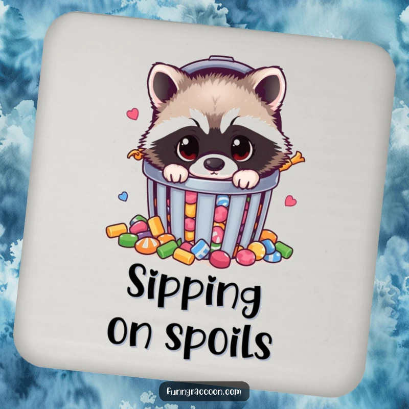 Funny raccoon coasters depicting a fluffy raccoon peeking from a candy-filled trash can, protecting surfaces with art.
