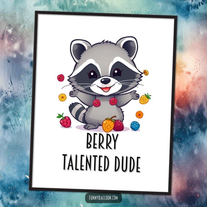 Funny raccoon poster, a grinning masked bandit juggling bright berries, whimsical woodland art, vibrant and humorous wall decor.