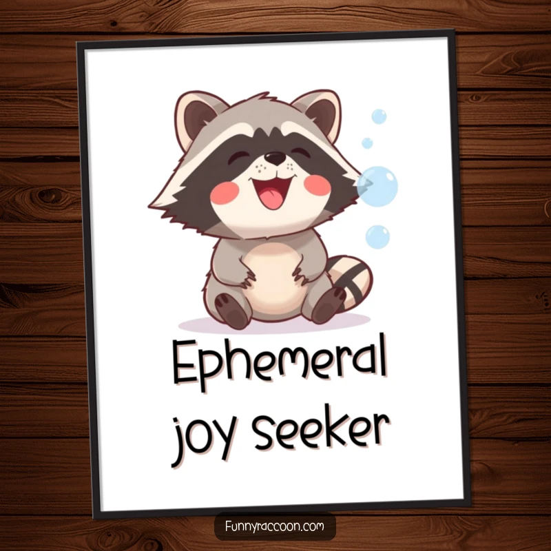 Funny raccoon with a wide, infectious grin joyfully reaching for shimmering, floating bubbles, presented as humorous wall art.