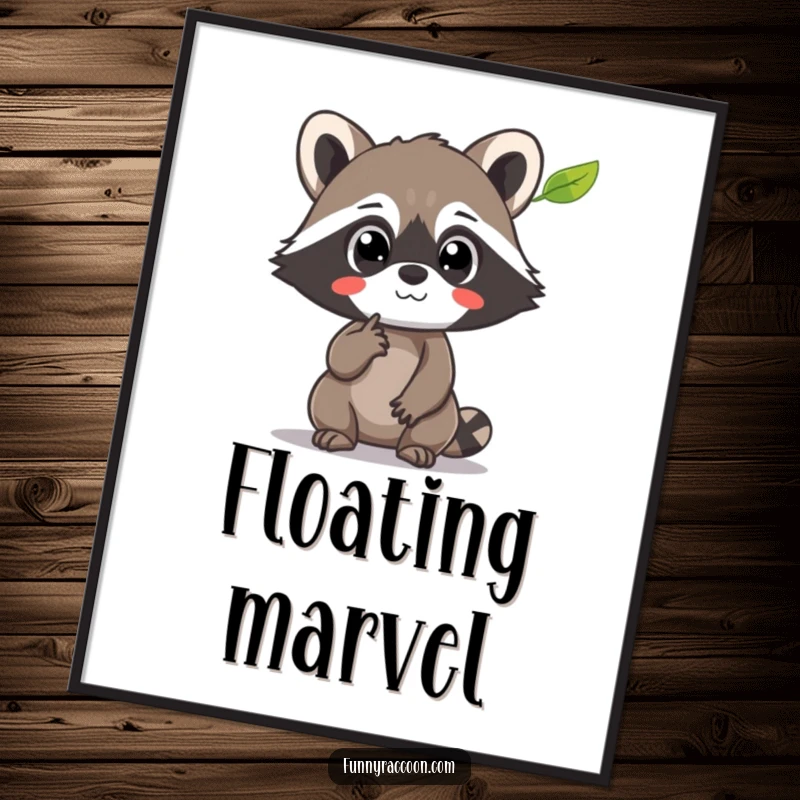 Funny Raccoon Poster: A raccoon with amazed eyes points at a floating leaf, a charming depiction of childlike wonder.