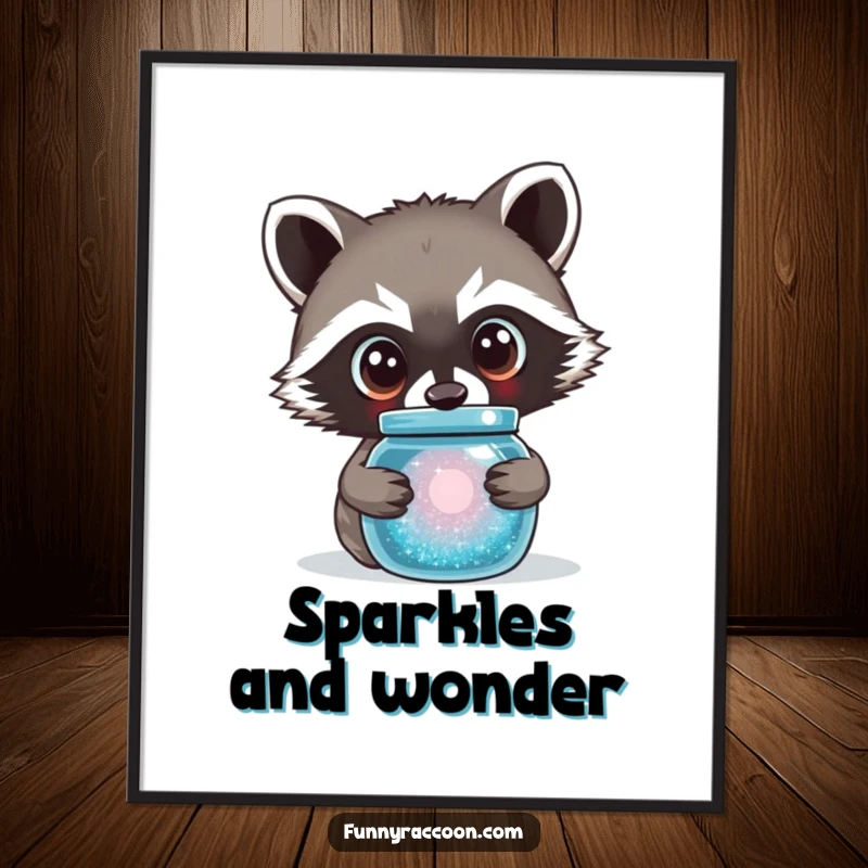 Funny raccoon poster depicting a cute raccoon with large, curious eyes peering into a sparkling jar.