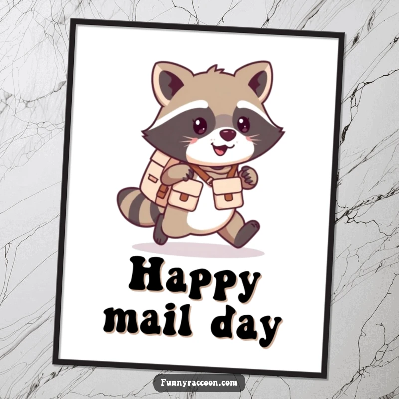 Funny kawaii raccoon poster of a happy raccoon in mail carrier attire, scampering with a satchel.