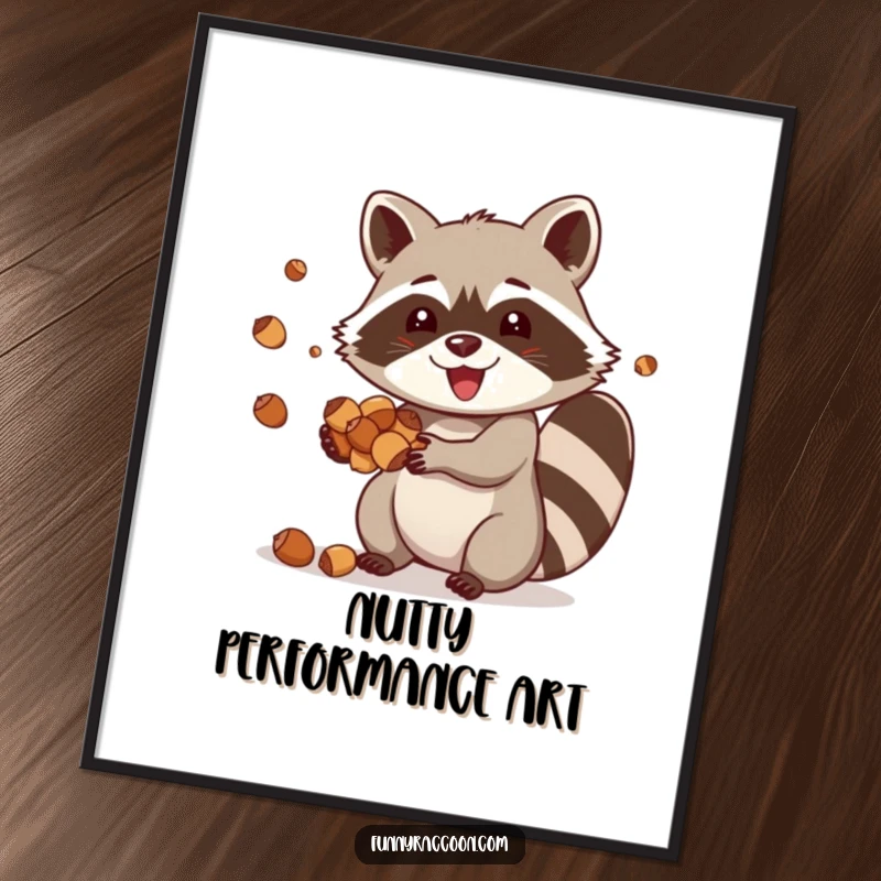 Funny raccoon poster, a happy raccoon joyfully juggling acorns, showcasing impressive skill and playful energy.